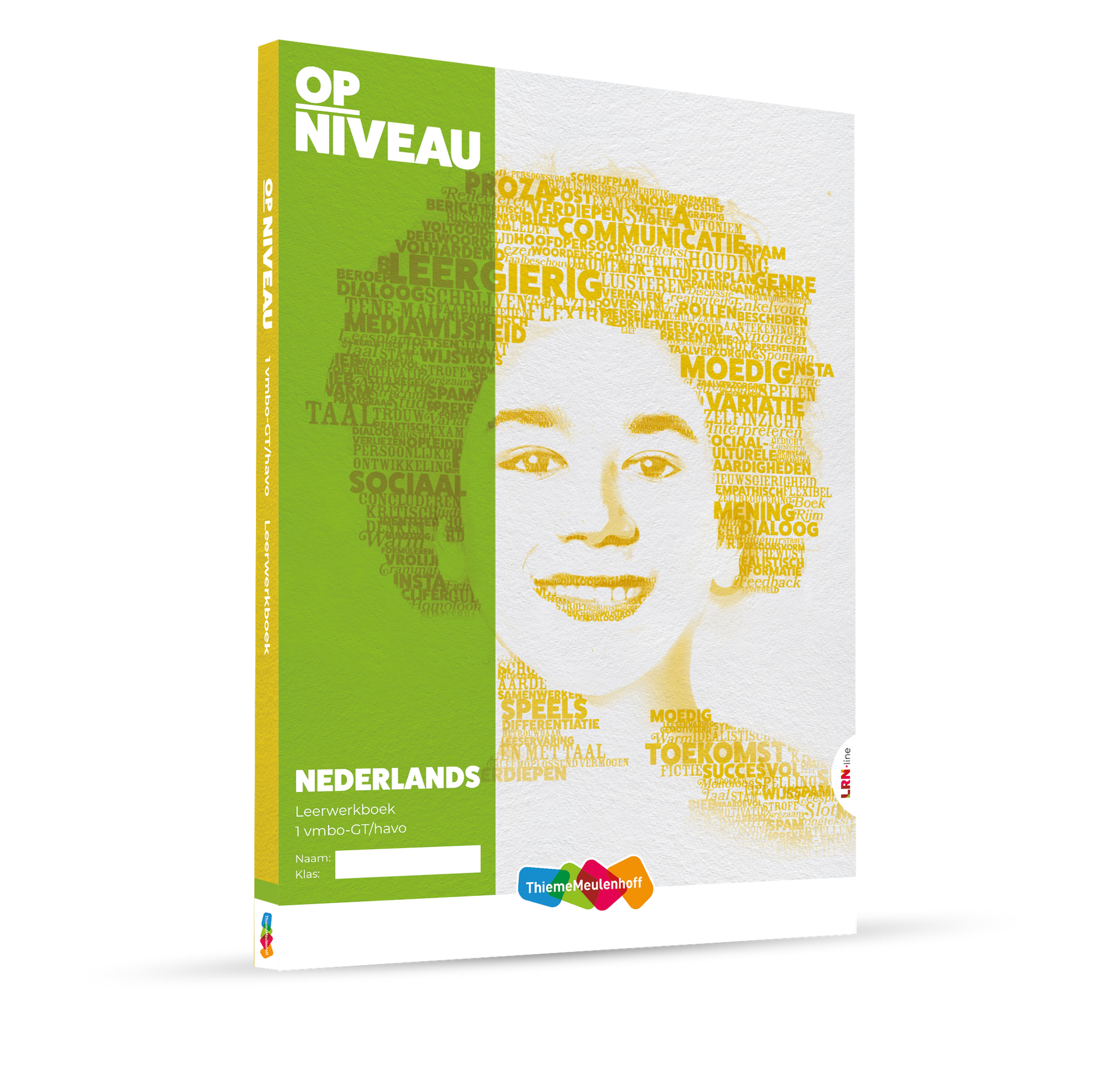 Een leerboek met de titel Op Niveau Nederlands, met een gestileerd gezichtje 