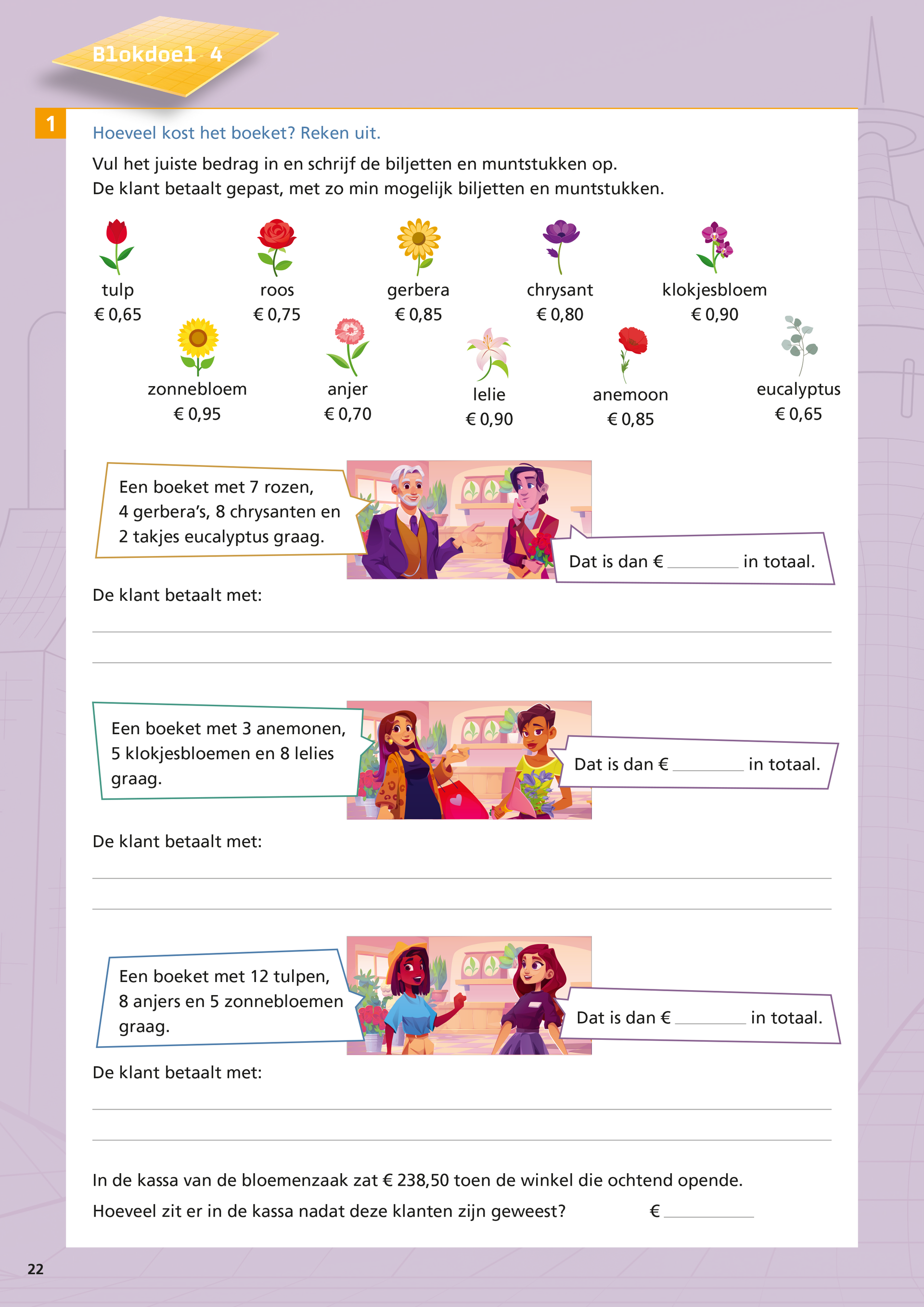 Een werkblad met afbeeldingen van verschillende bloemen met prijskaartjes.