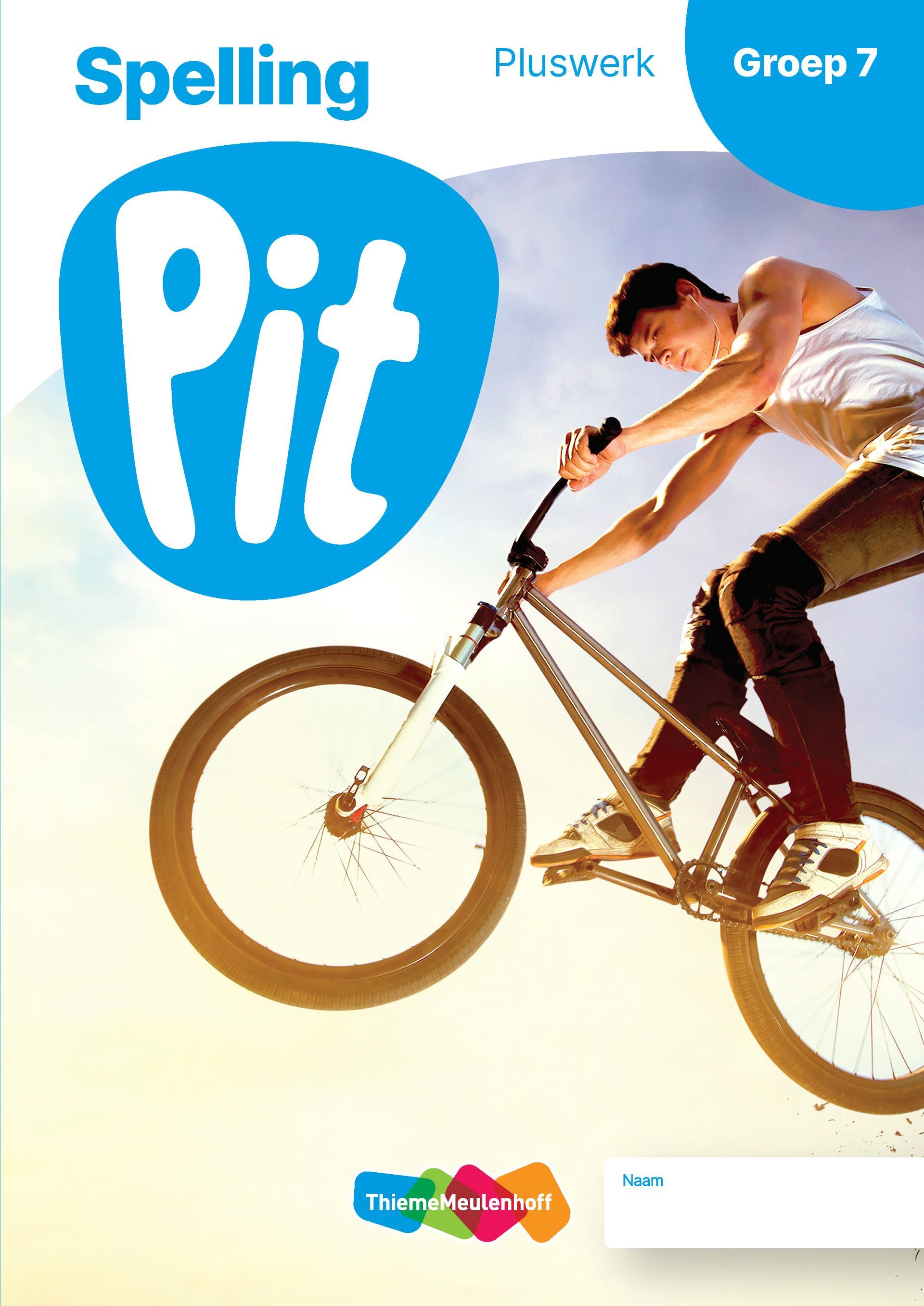 Een man fietst op de cover van een boek genaamd spelling pit