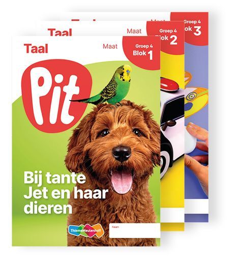 Een hond met een vogel op zijn kop staat op de cover van een boek genaamd pit