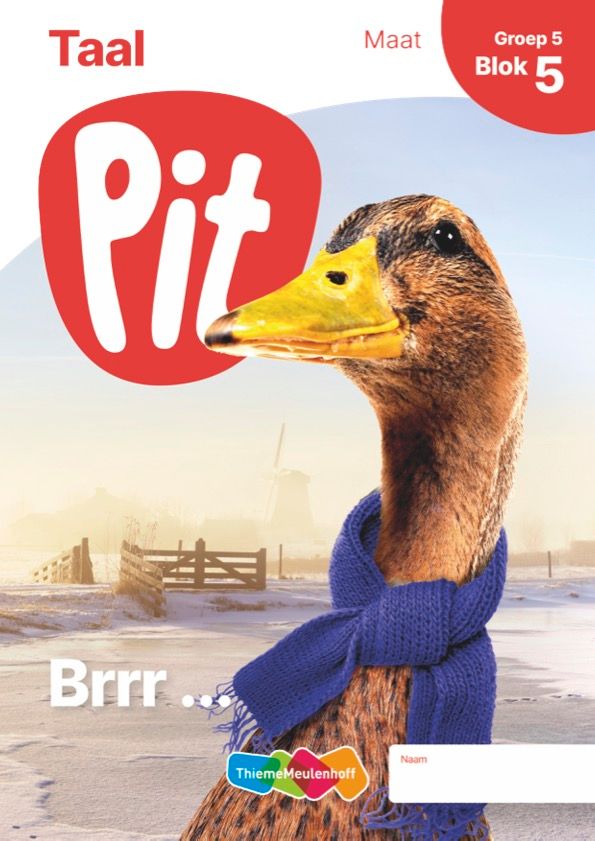 Een eend met een blauwe sjaal staat op de cover van een boek genaamd pit