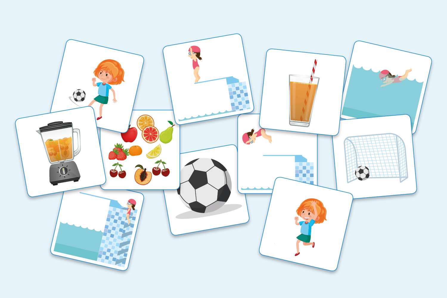 Een collage van foto's van een meisje, een voetbal, een blender, fruit en een drankje.