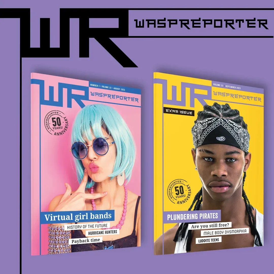 Een man en een vrouw staan ​​op de cover van een tijdschrift genaamd wesp reporter