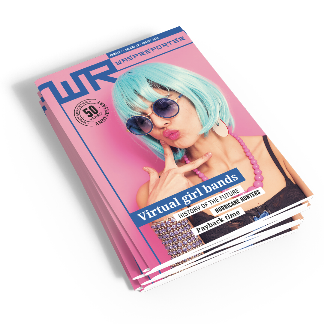 Een stapel tijdschriften met een roze omslag waarop een persoon staat afgebeeld met een felblauwe bobpruik, een zonnebril.