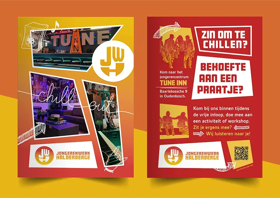 Een flyer voor een jeugdcentrum genaamd Tune Inn met foto's van een lounge, rode en gele huisstijl en contactgegevens.