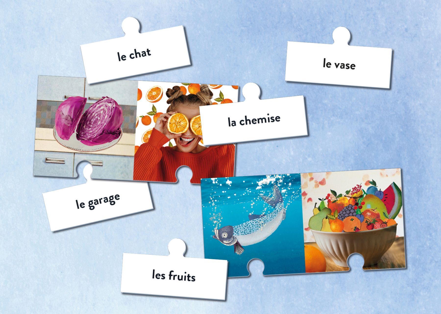 Een stel puzzelstukjes met de woorden les fruits erop