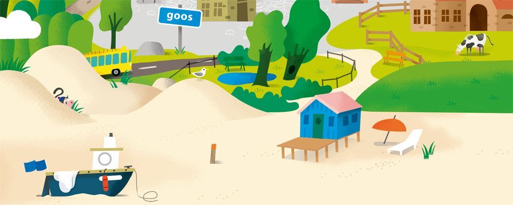 Een gestileerde strandscène met zandduinen, een blauw huis op palen, een boot, een bus en een kleine vijver