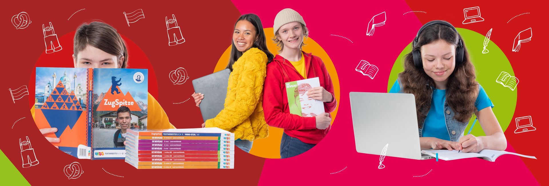 Een groep jonge vrouwen staat naast elkaar met boeken en laptops in de hand.