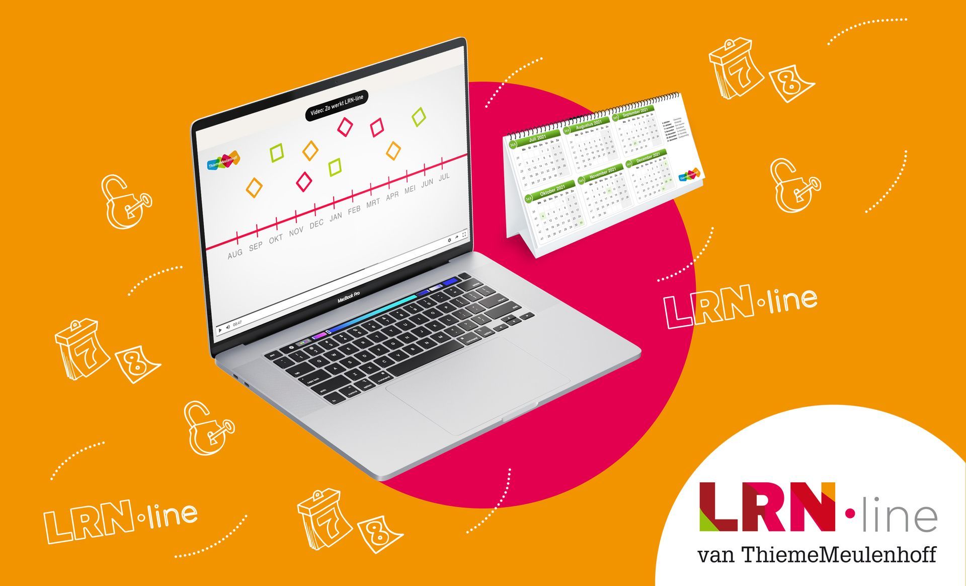 Er staat een laptop op een tafel, naast een kalender.