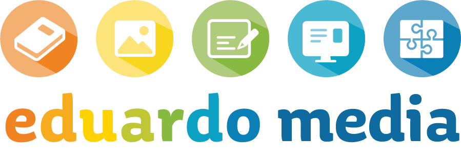 Een logo voor eduardo media met iconen erop