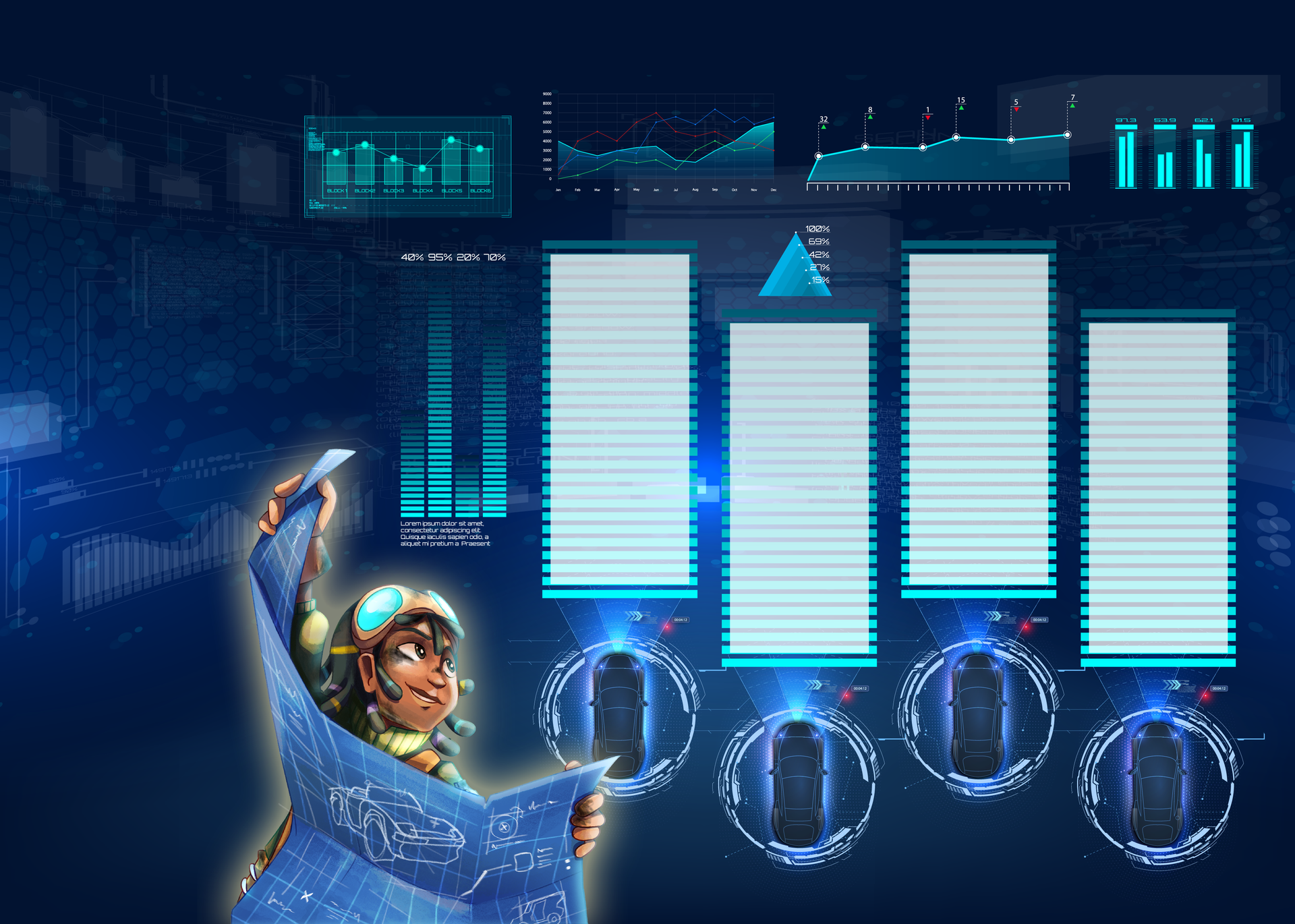 Een gestileerde persoon houdt een bouwtekening vast tegen een donkerblauwe digitale interface vol oplichtende grafieken.