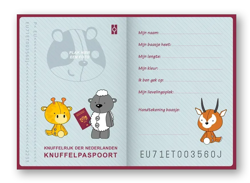 Open speelgoedpaspoort in het Nederlands met tekenfilmfiguren, regels voor details en paspoortnummer EU71ET003560J.
