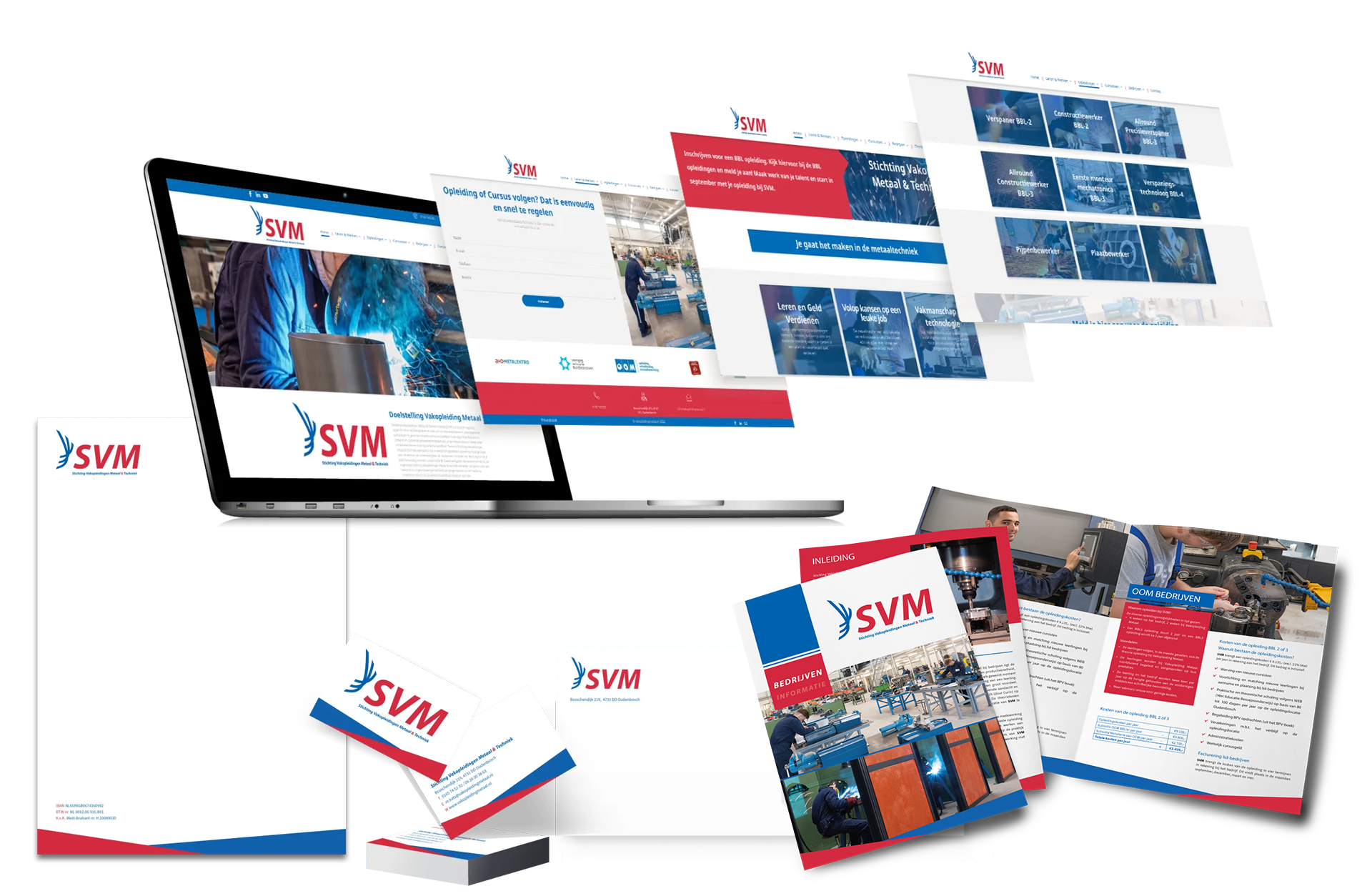 Op een laptop wordt een website weergegeven, omringd door promotiemateriaal zoals briefpapier, visitekaartjes en brochures.
