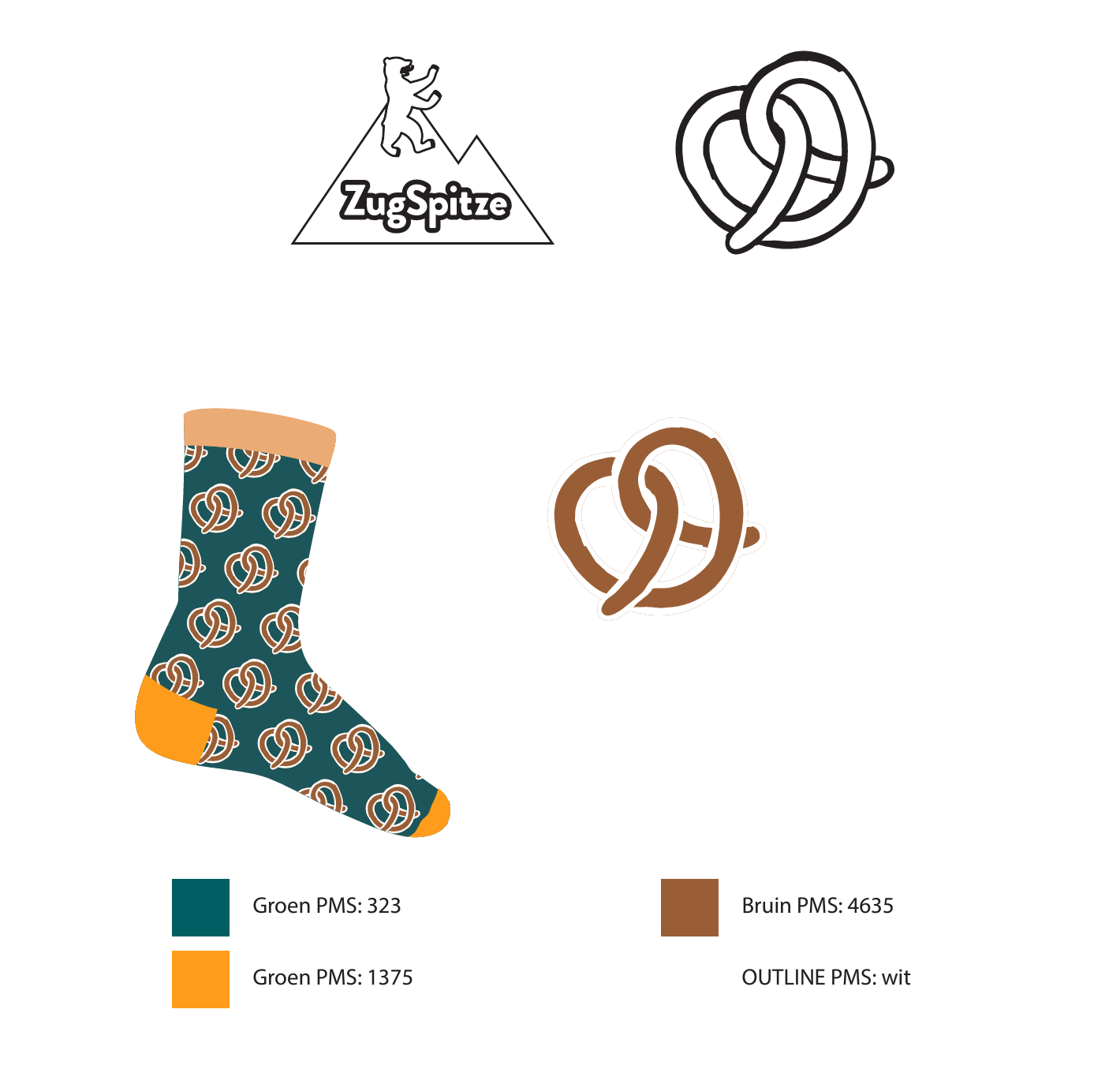 Een paar sokken met pretzels erop en logo's op een witte achtergrond.