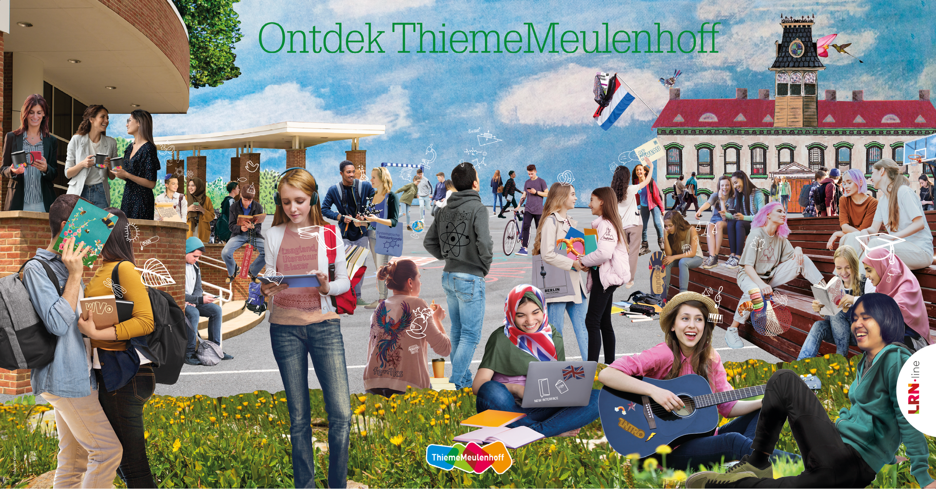 Een zonnige buitenscène met diverse mensen die studeren, socialiseren en muziek maken