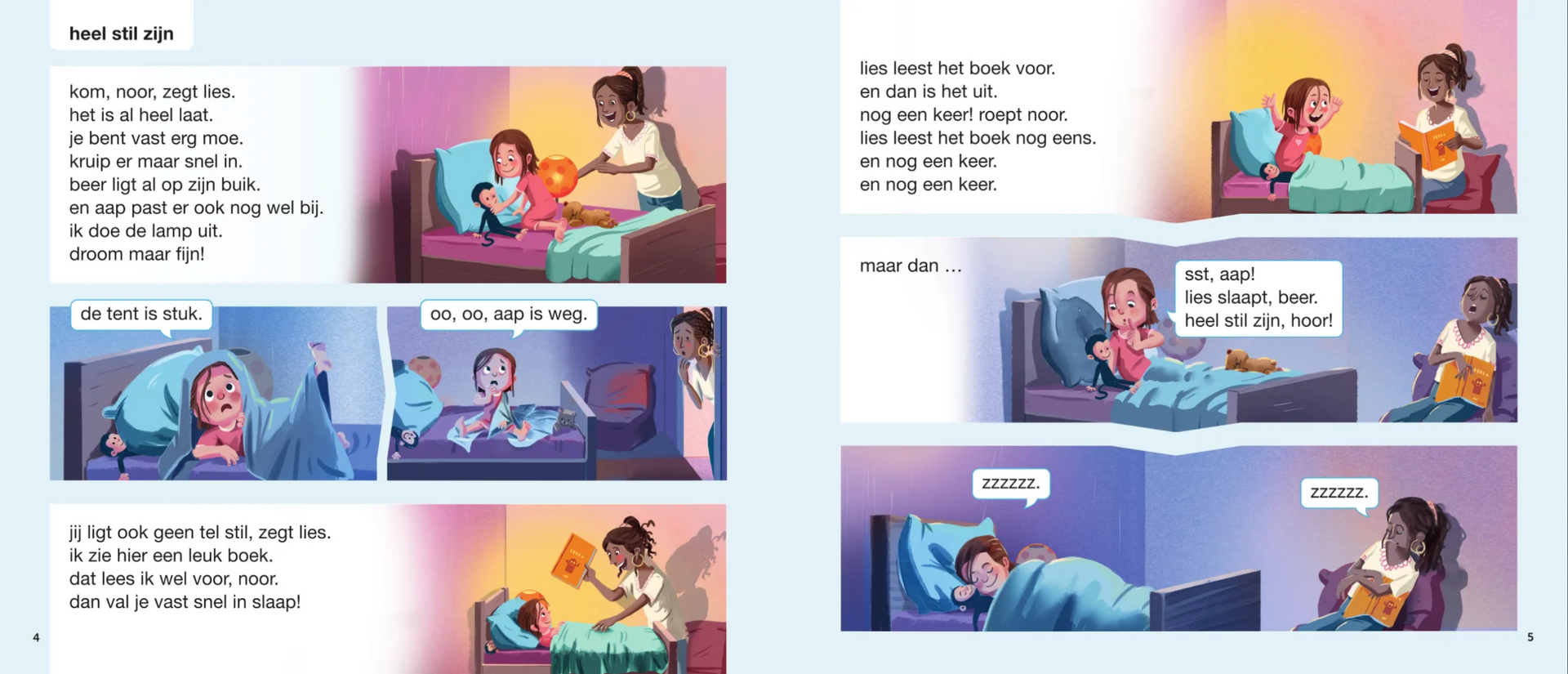 Een cartoon van een vrouw die een boek voorleest aan een kind dat in bed ligt.