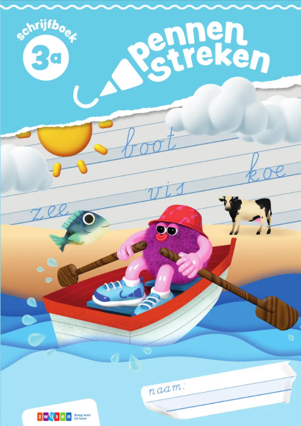 Omslag voor een schrijfboek voor groep 3a, met een paars figuurtje in een rode boot op blauw water