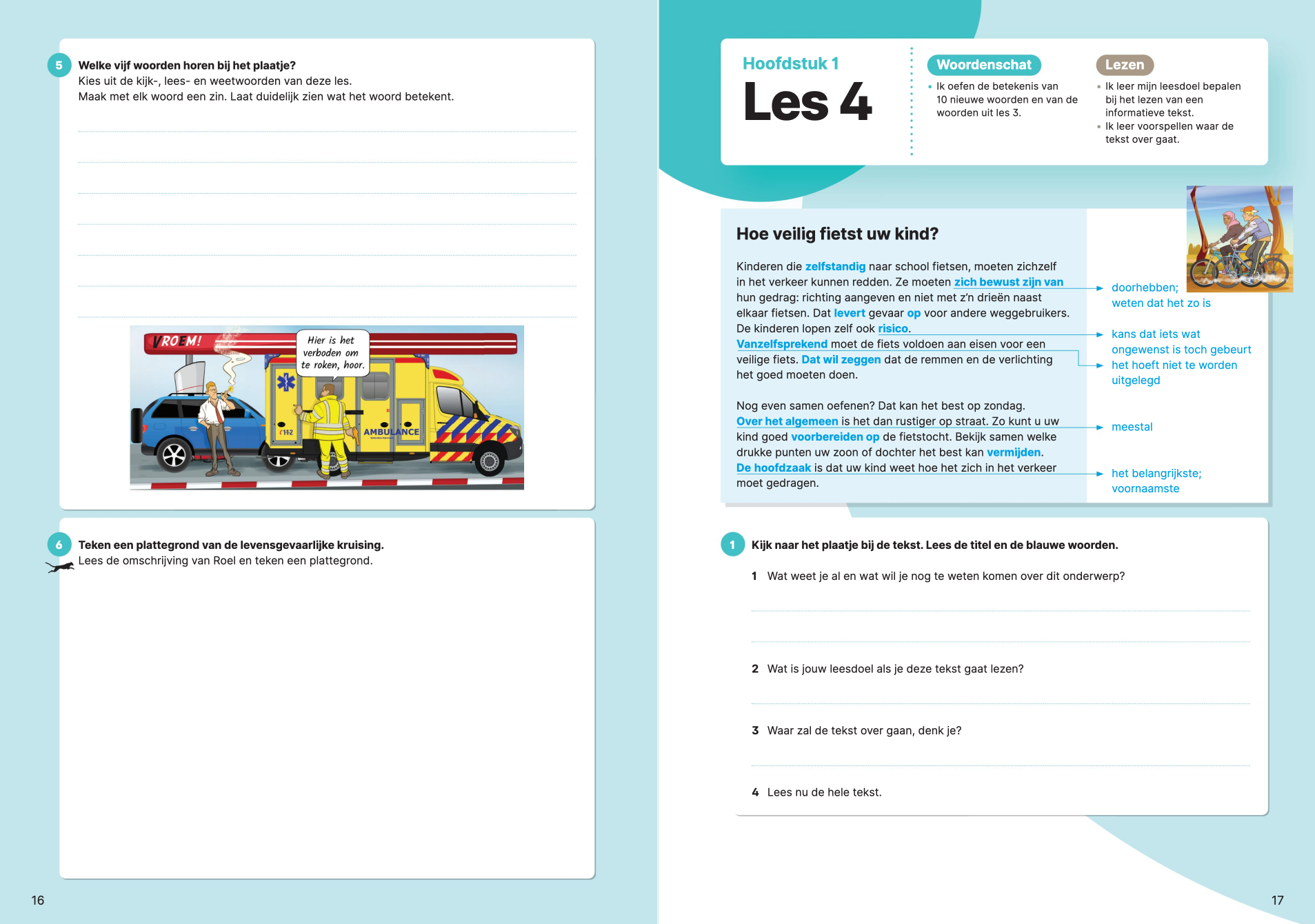 Een boek is opengeslagen op een pagina waarop staat les 4