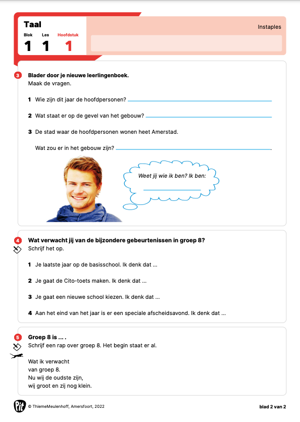 Een werkblad met een afbeelding van een man en een tekstballon.