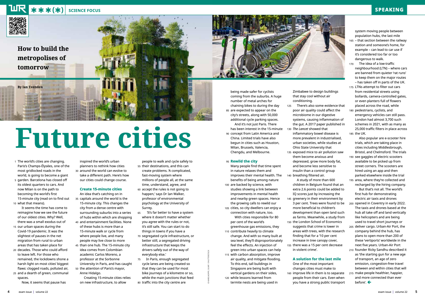 Een krantenartikel over toekomstige steden met een foto van een gebouw.