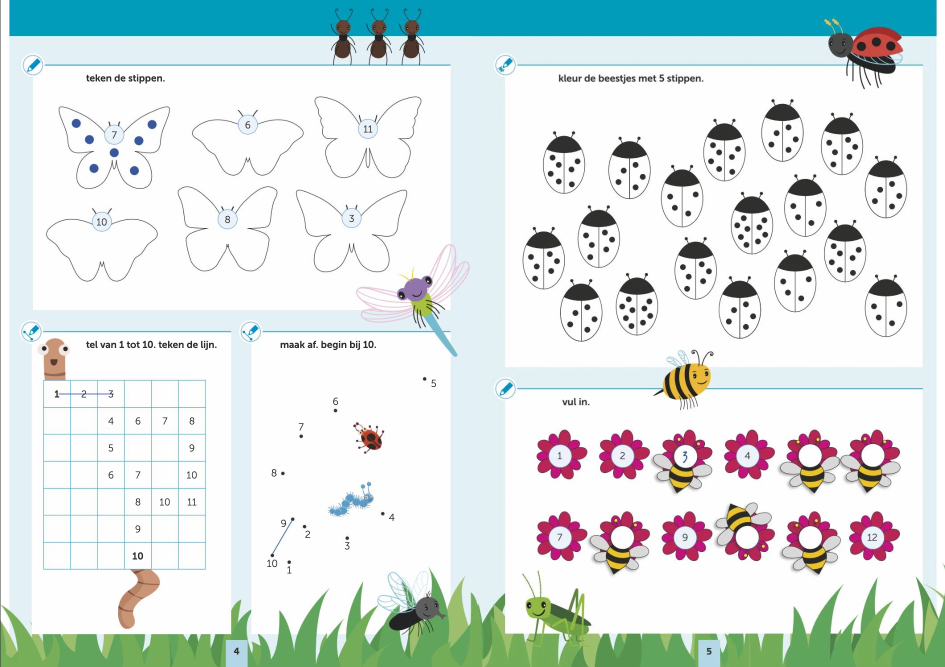 Een aantal werkbladen met vlinders, lieveheersbeestjes, bijen en bloemen.