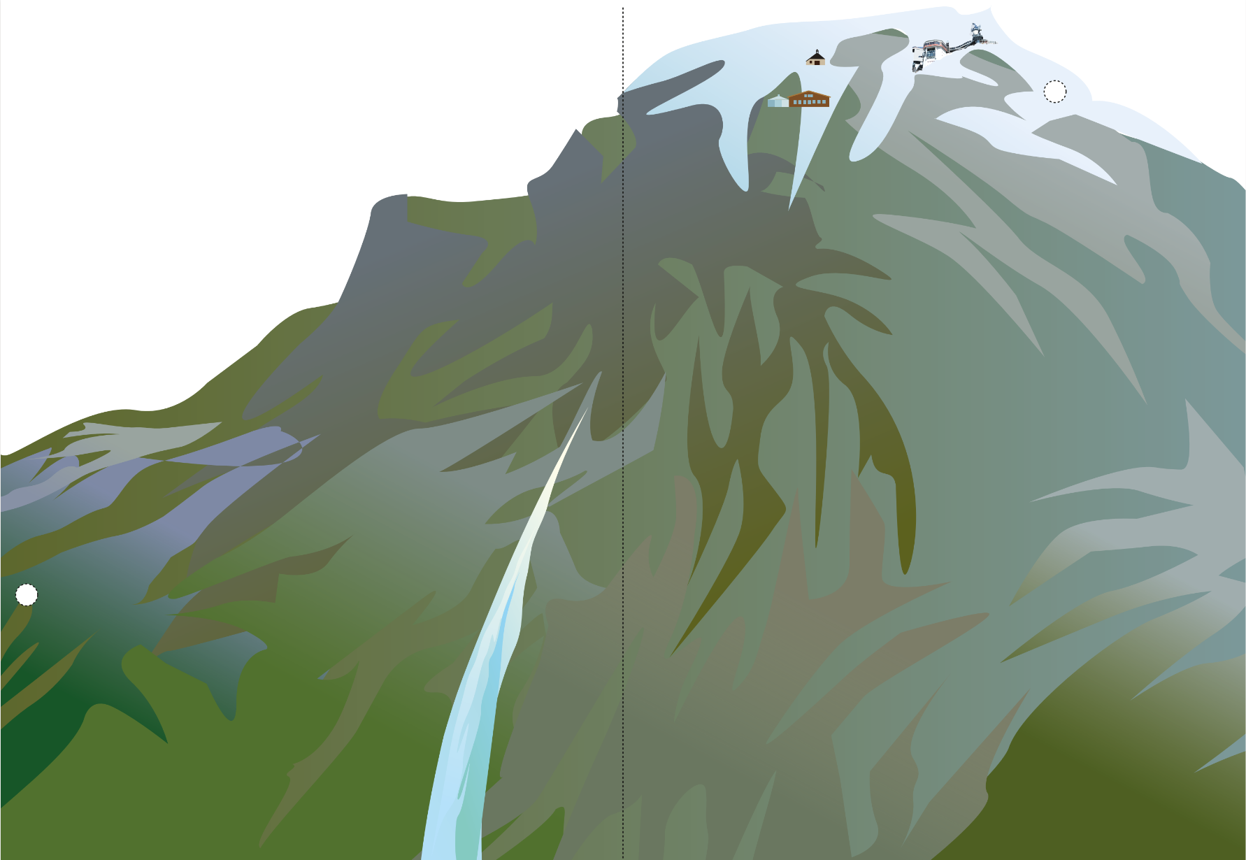 Een digitale illustratie van een groene berg met een besneeuwde top, waarlangs een lange, verticale waterval