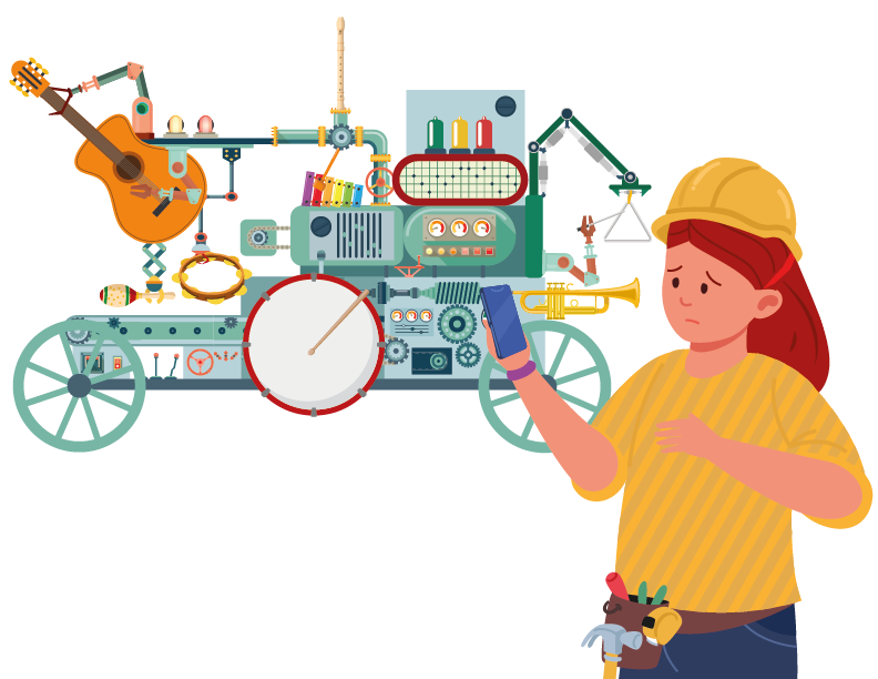 Een vrouw staat voor een machine gemaakt van muziekinstrumenten.