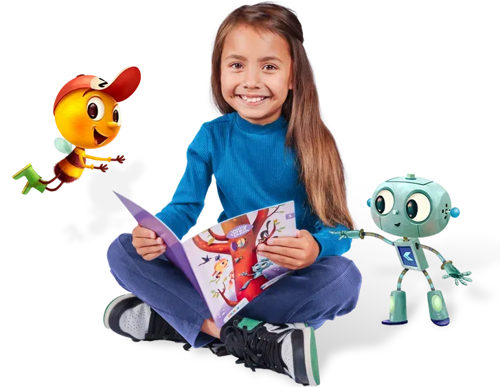 Een klein meisje zit op de grond en leest een boek.