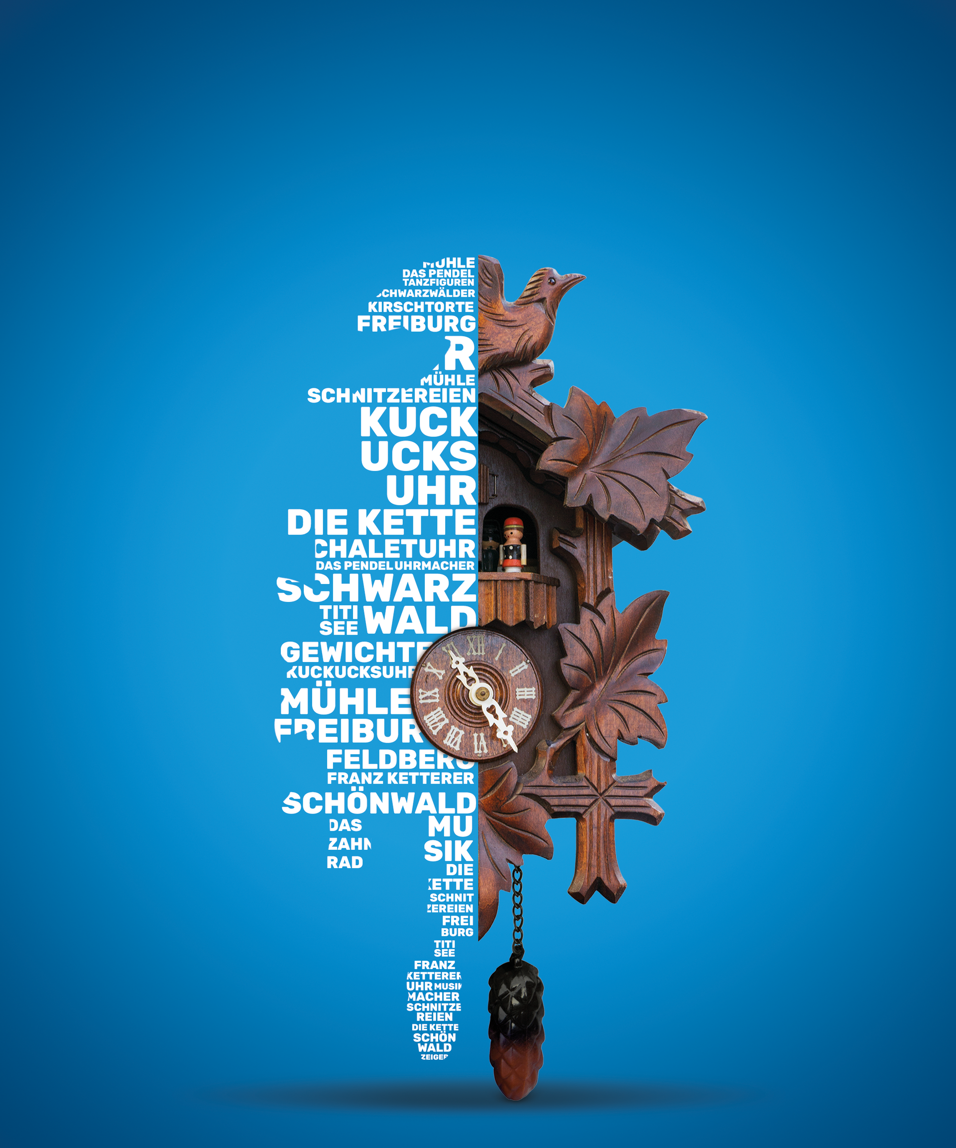 Een koekoeksklok is omgeven door woorden op een blauwe achtergrond