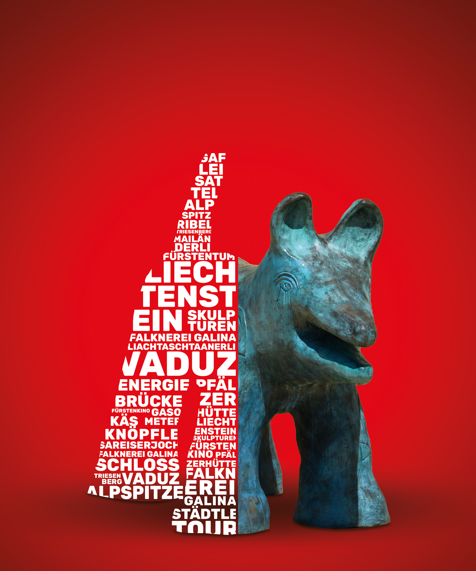 Een beeld van een wolf bestaande uit woorden op een rode achtergrond