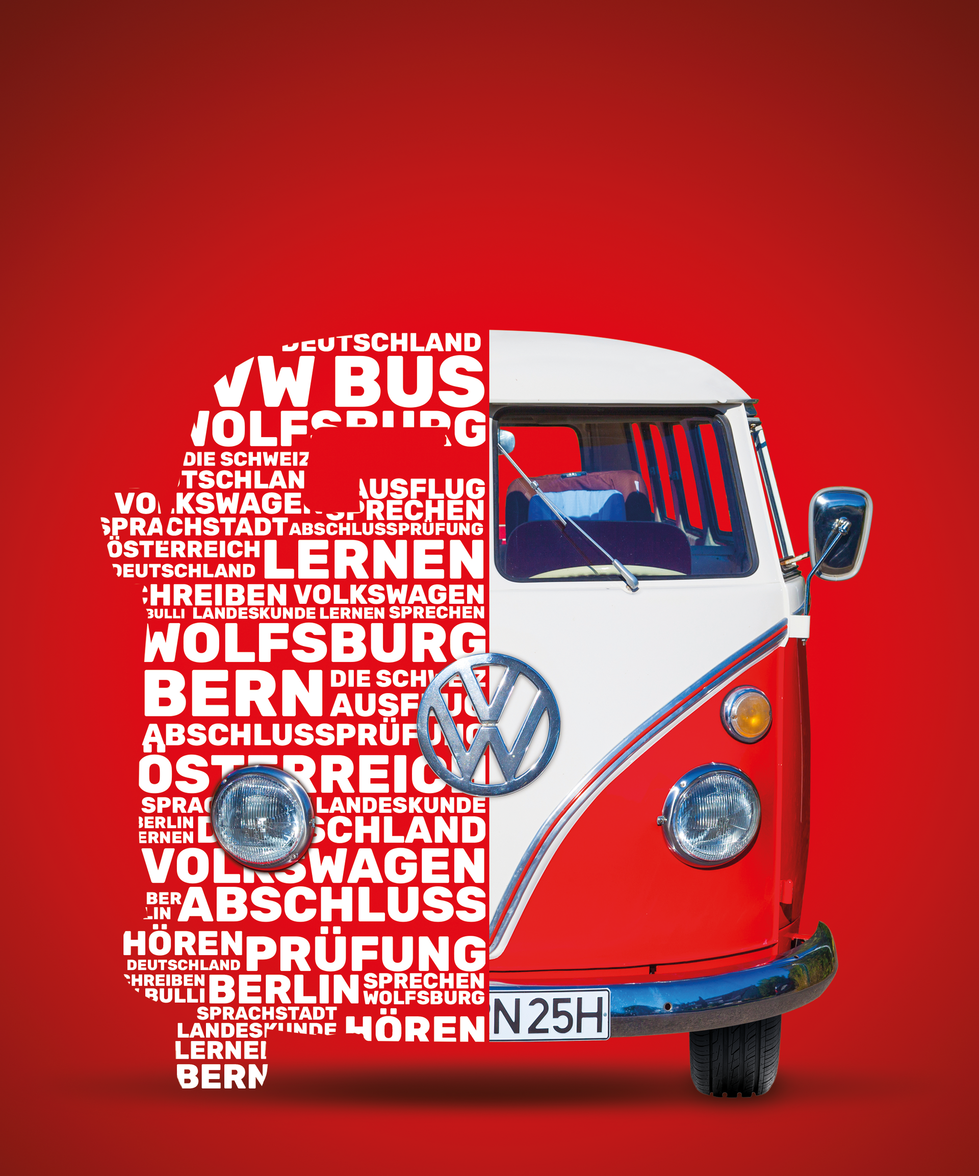 Een rood-witte vw-bus op een rode achtergrond