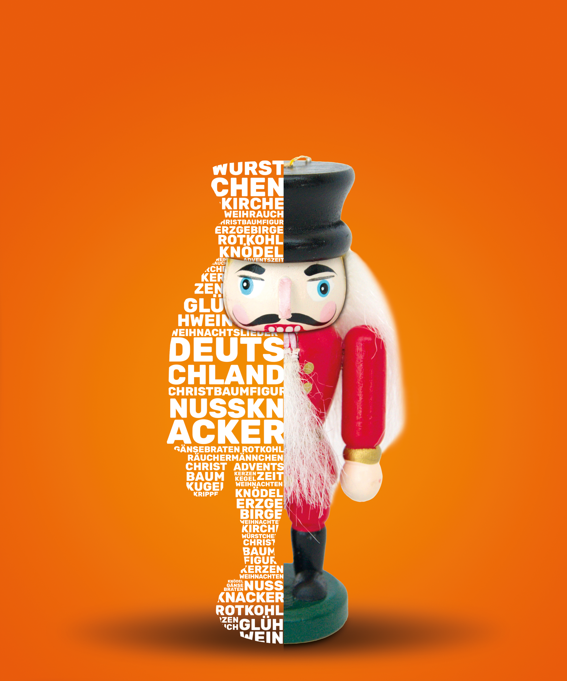 Een notenkraker gemaakt van woorden op een oranje achtergrond.