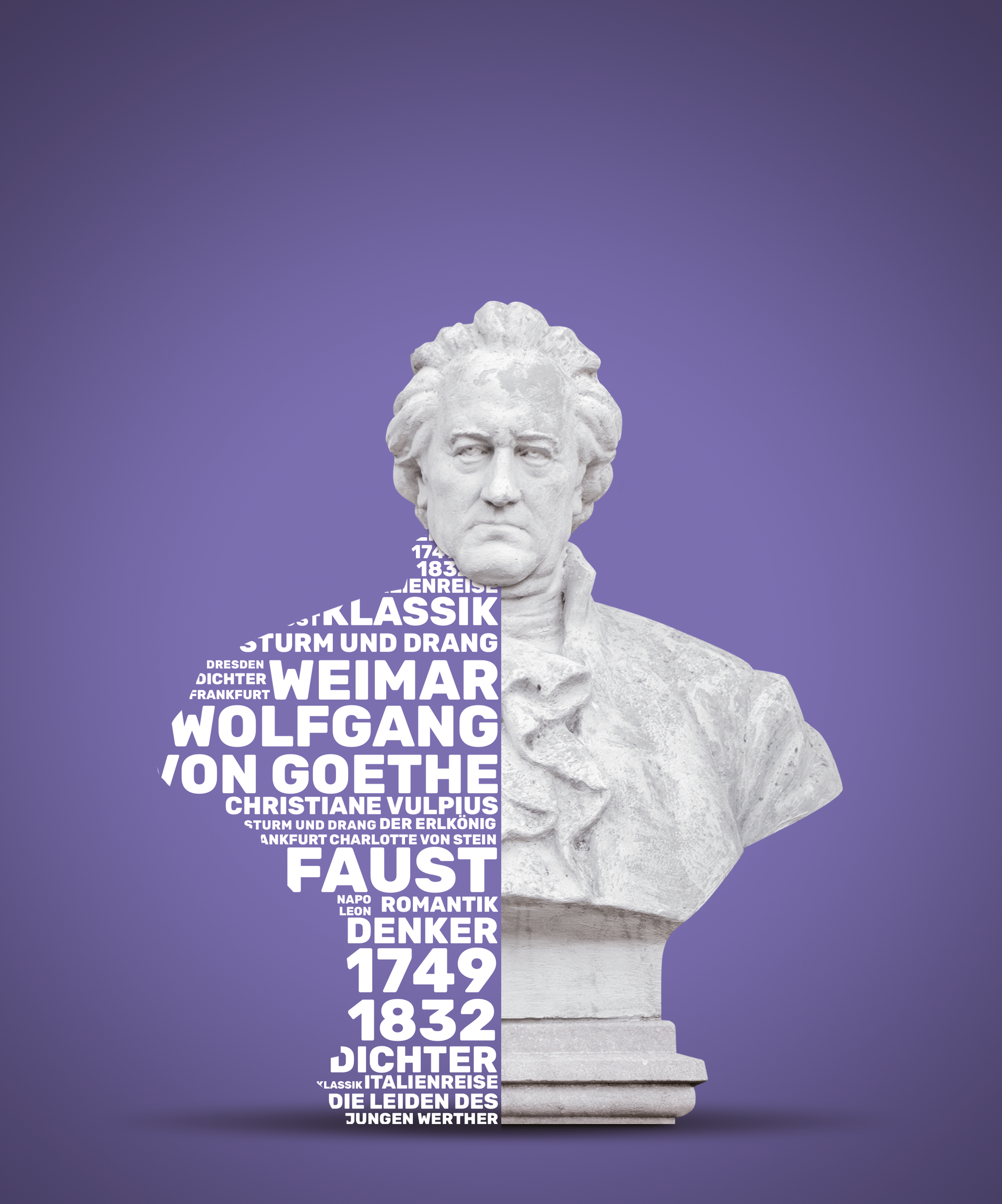 Een standbeeld van een man wordt omringd door woorden waaronder goethe