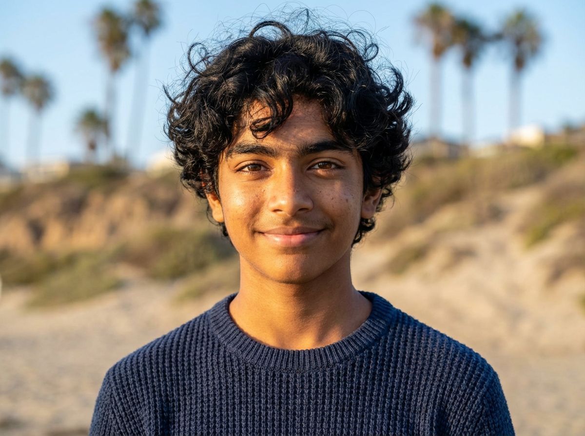 Een persoon met donker, krullend haar en een subtiele glimlach bevindt zich buiten, met een wazig strand