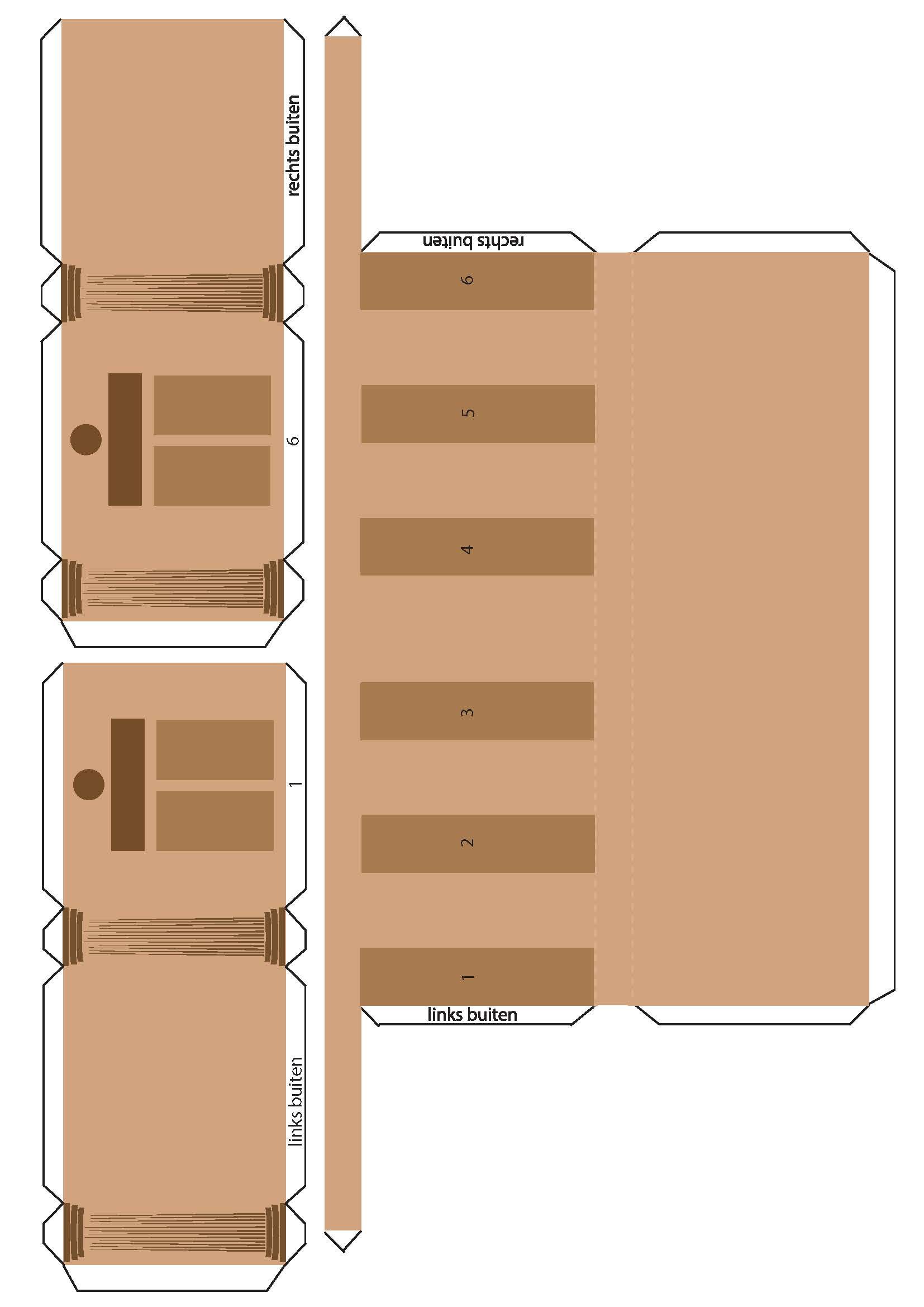 Een papieren sjabloon voor een commode, met twee zijpanelen met lades en een hoog hoofdframe met meerdere lades.