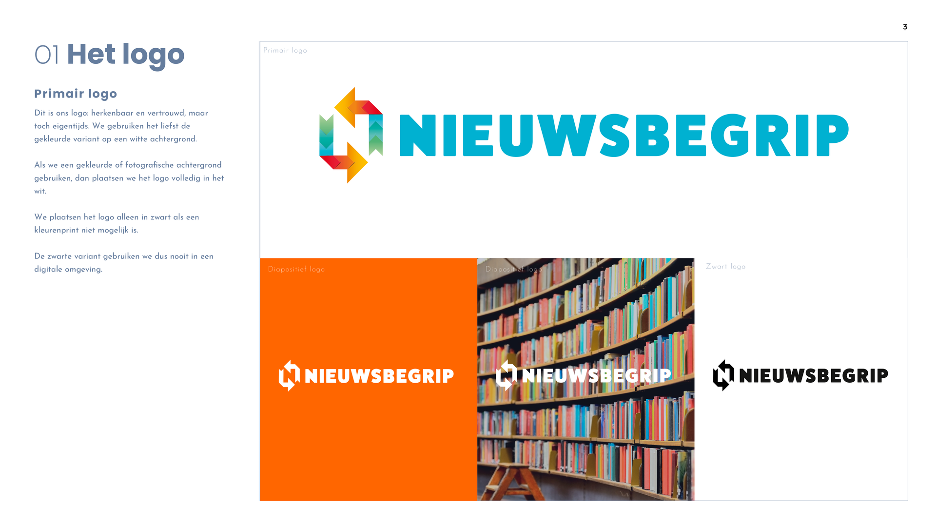 Logo-ontwerp voor 'Nieuwsbegrip' met een gestileerde N met pijlen, tegen een oranje, boekenplank- en witte achtergrond.