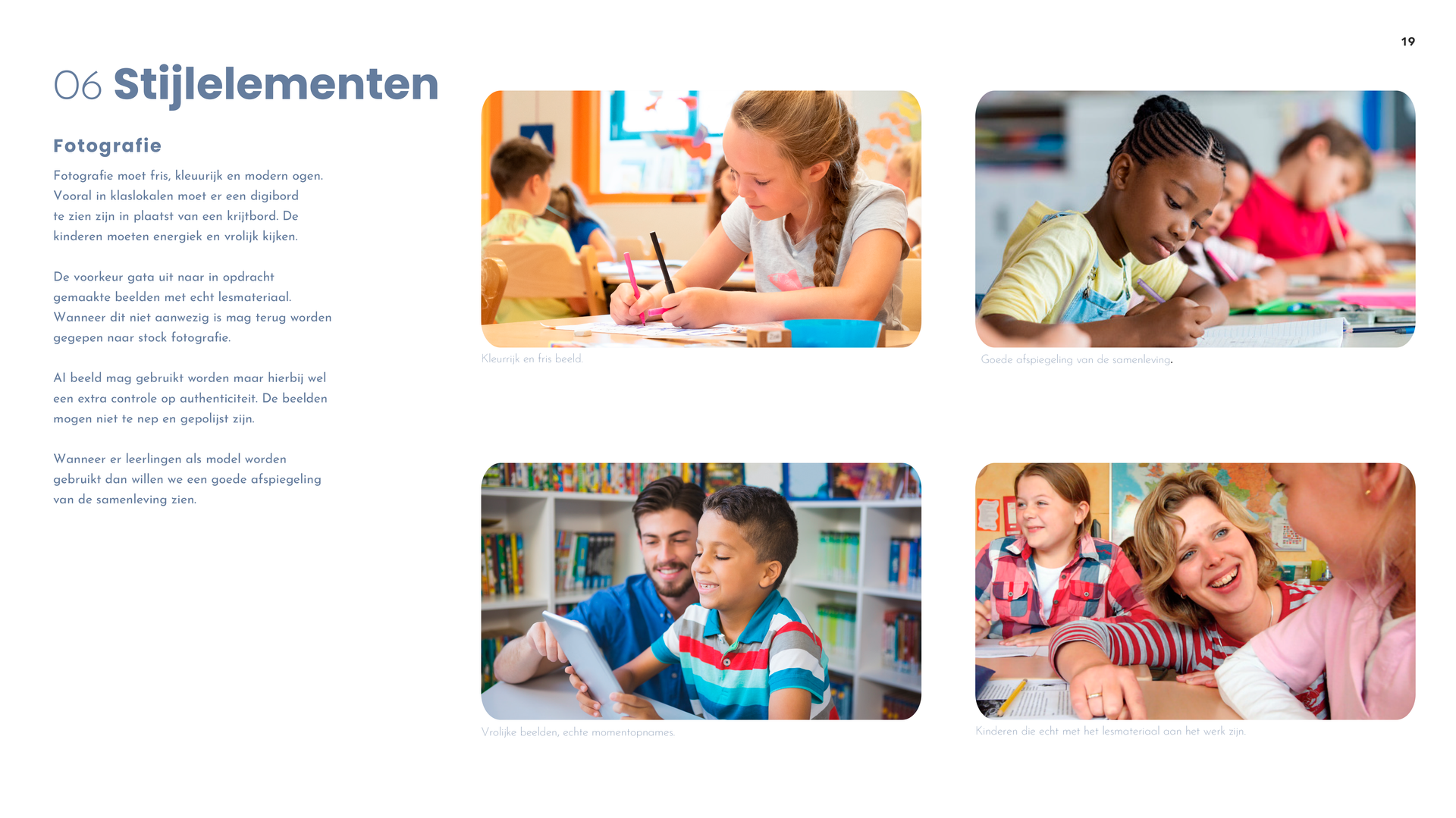 Pagina met vier foto's van leerlingen in een klaslokaal, met links de tekst 'Stijlelementen'.