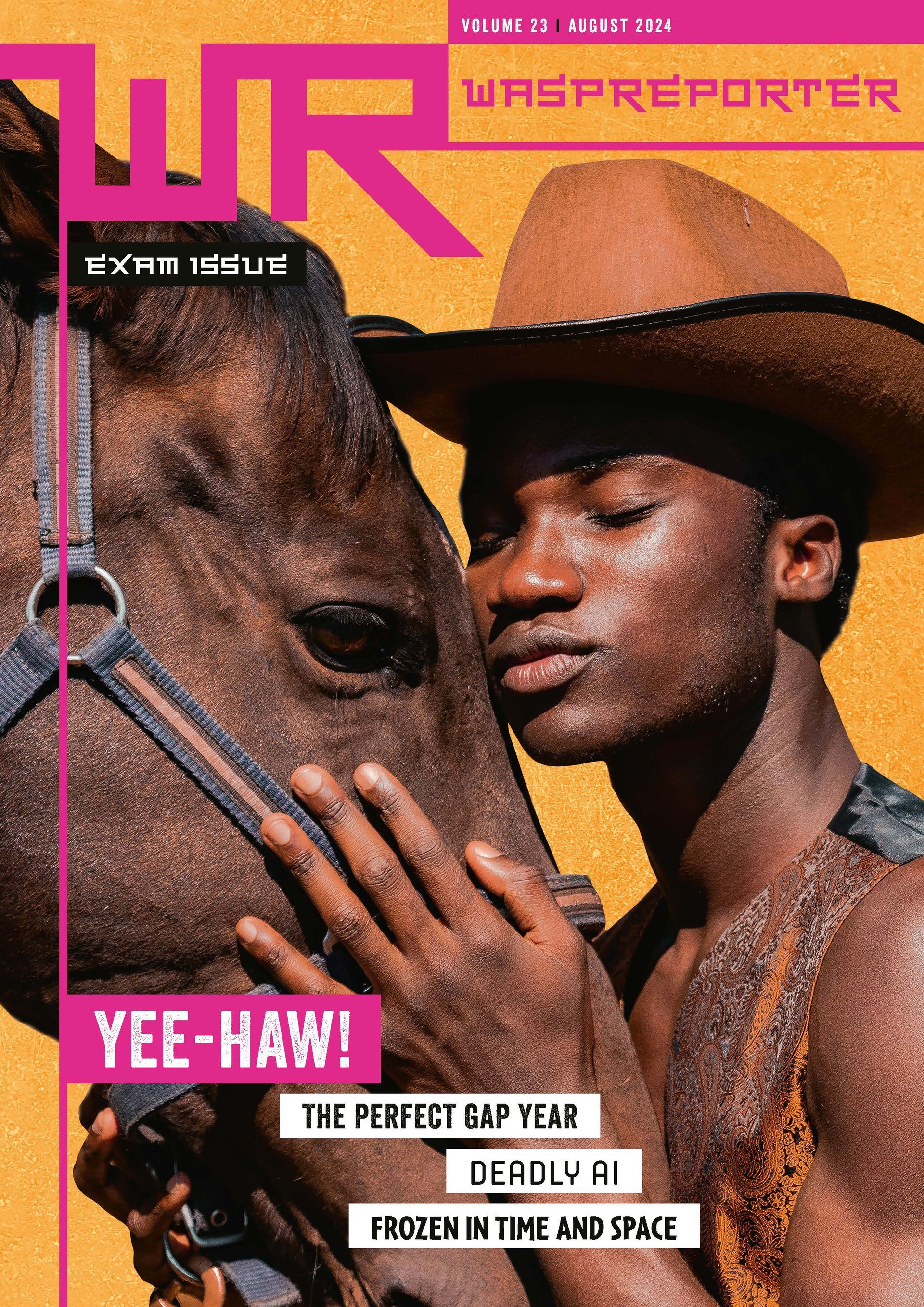 Een man met een cowboyhoed staat naast een paard op de cover van een tijdschrift.
