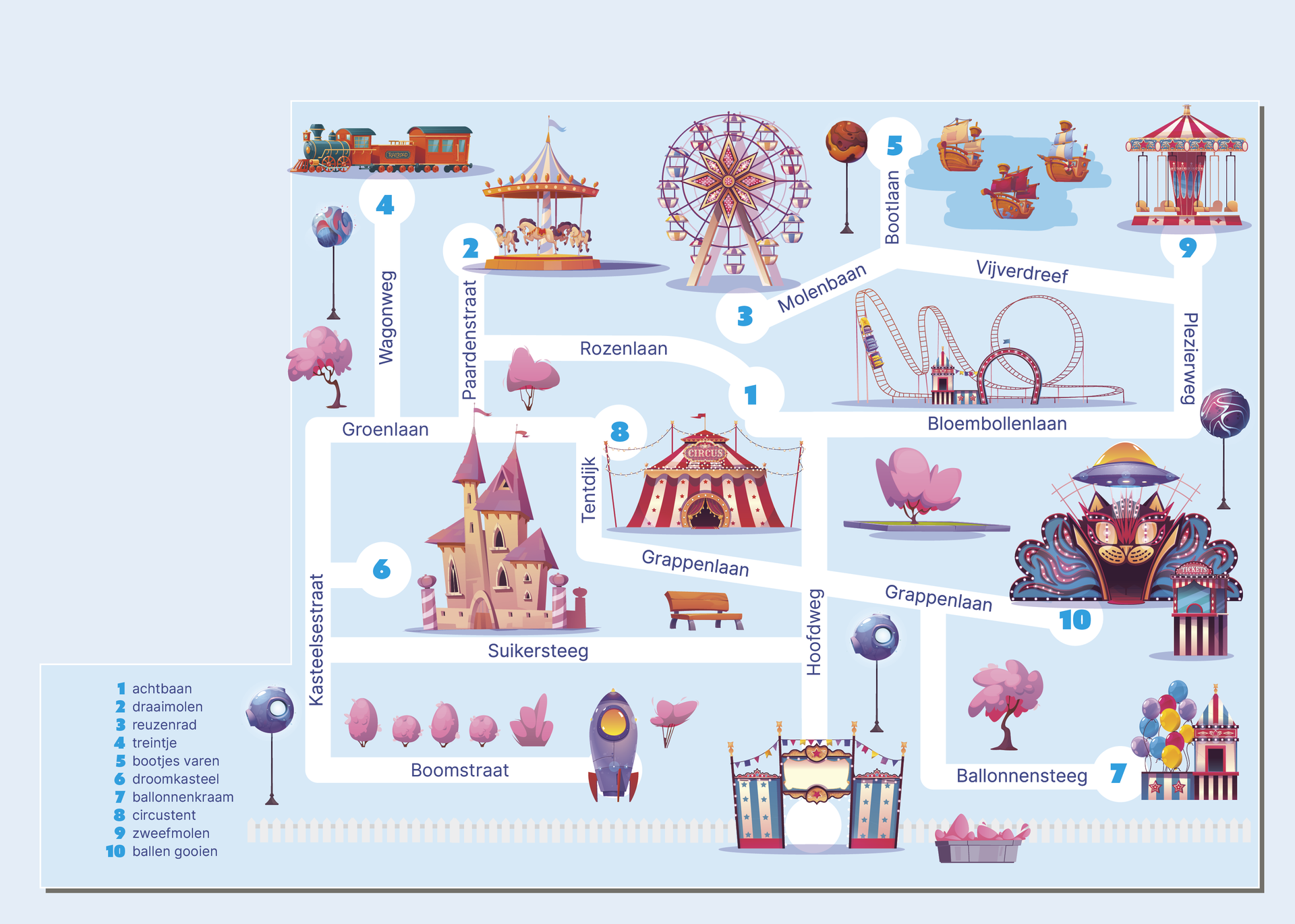 Een plattegrond van een pretpark met tien genummerde attracties.