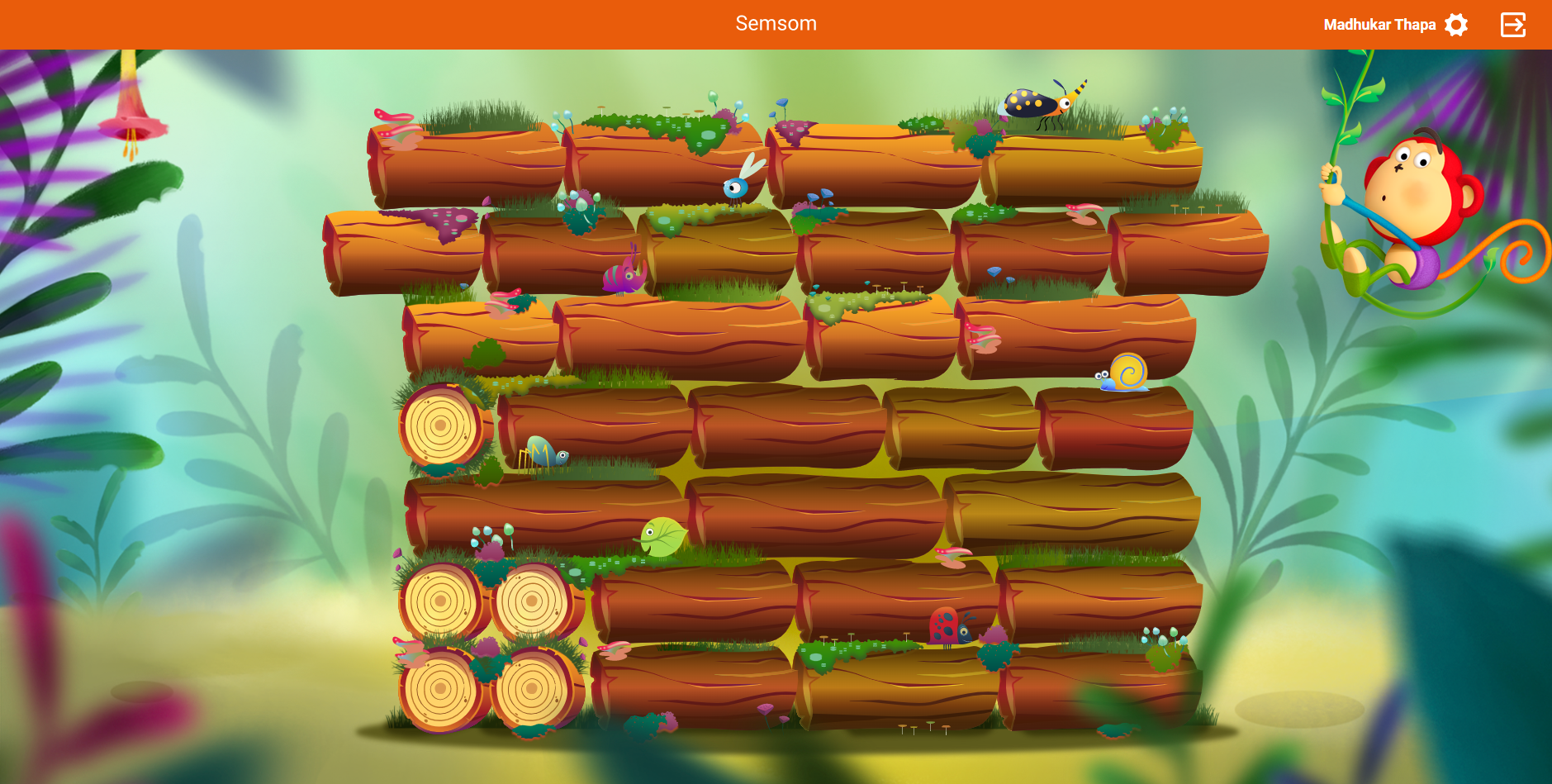 Een aap zit op een stapel boomstammen in een videogame.