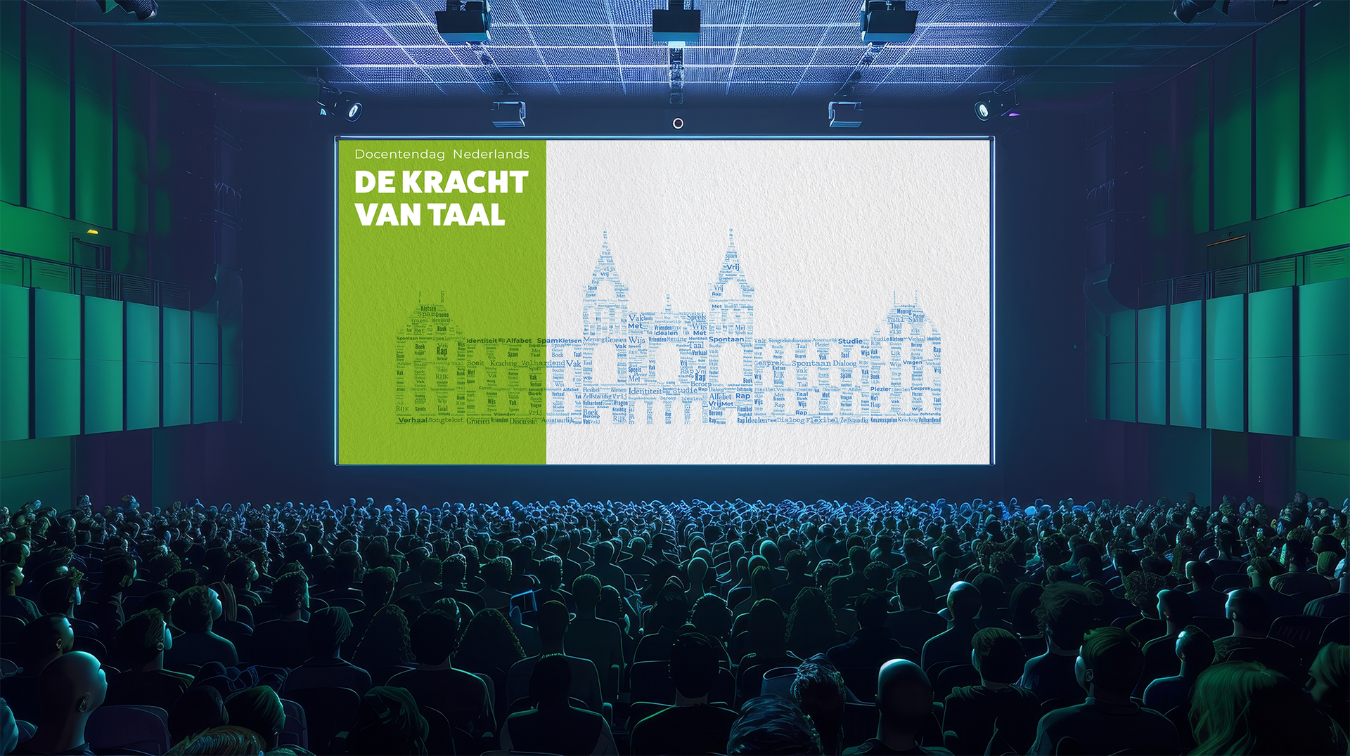 Een groot publiek bekijkt een voorstelling in een verduisterde zaal waarop in groene letters 