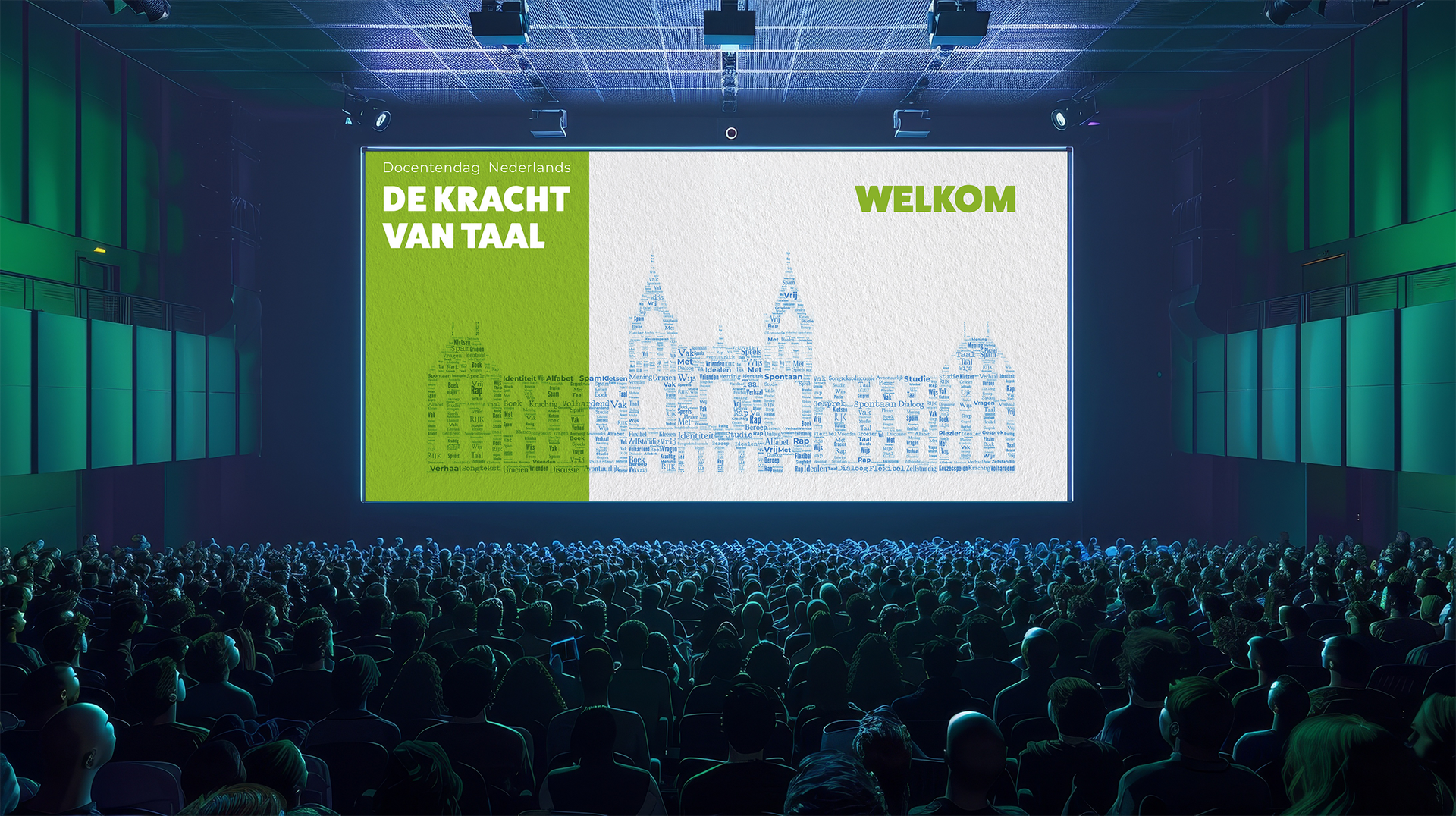 Een rood-wit busje staat naast een bloem en een standbeeld op een blauwe achtergrond.