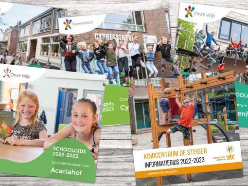 Een collage van omslagen van schoolinformatiegidsen met afbeeldingen van kinderen die spelen en leren.
