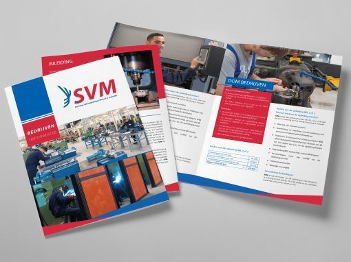Brochure voor SVM met scènes uit de industriële productie, inclusief lasapparatuur en machinebewerkingen.