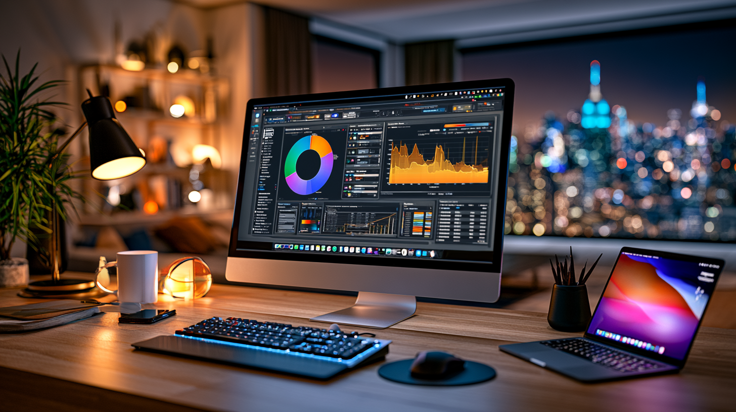 Desk with desktop monitor showing analytics dashboards, keyboard, mouse, and laptop overlooking a city skyline at night