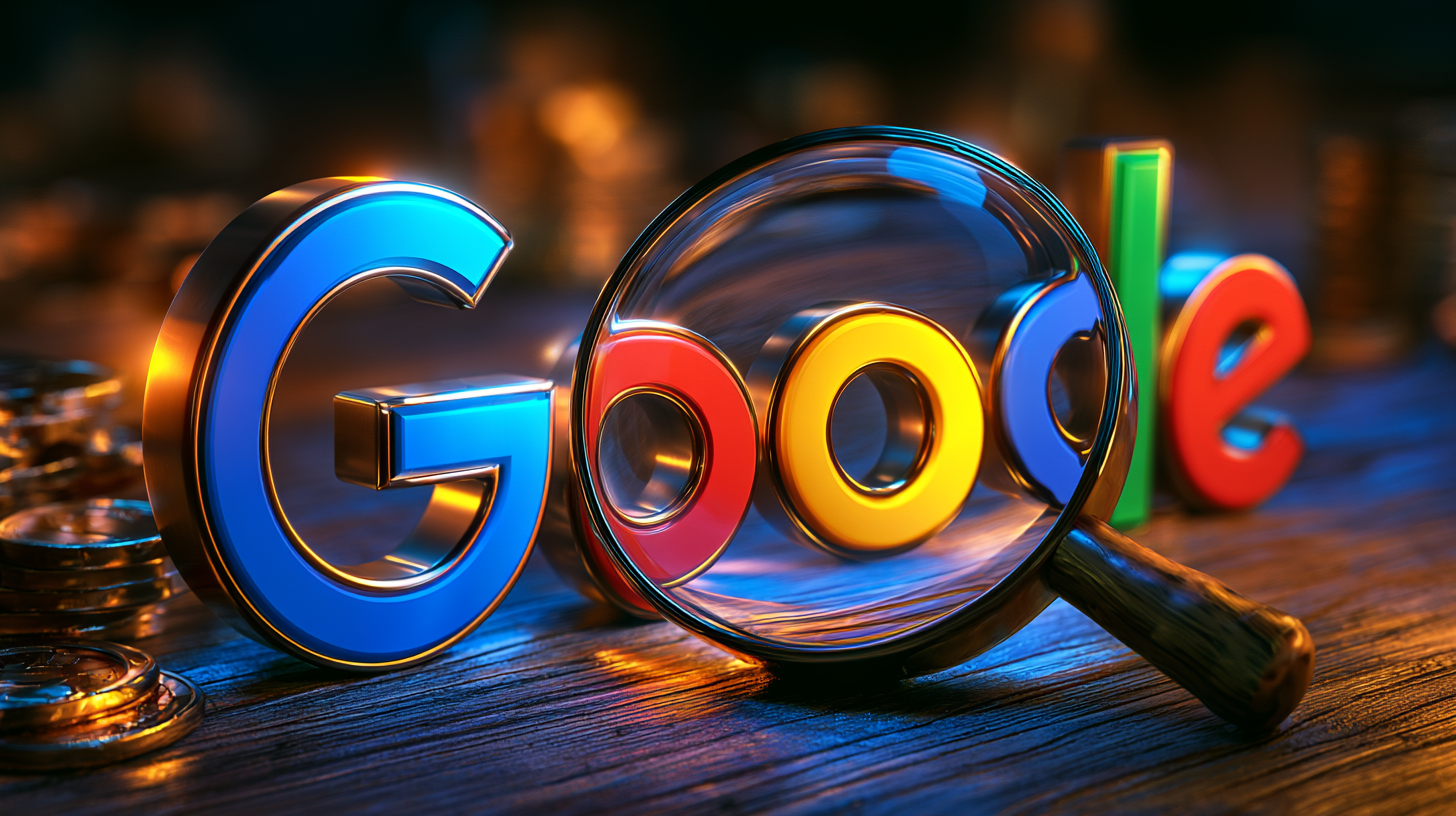 Colorful Google logo seen through a magnifying glass on a wooden surface