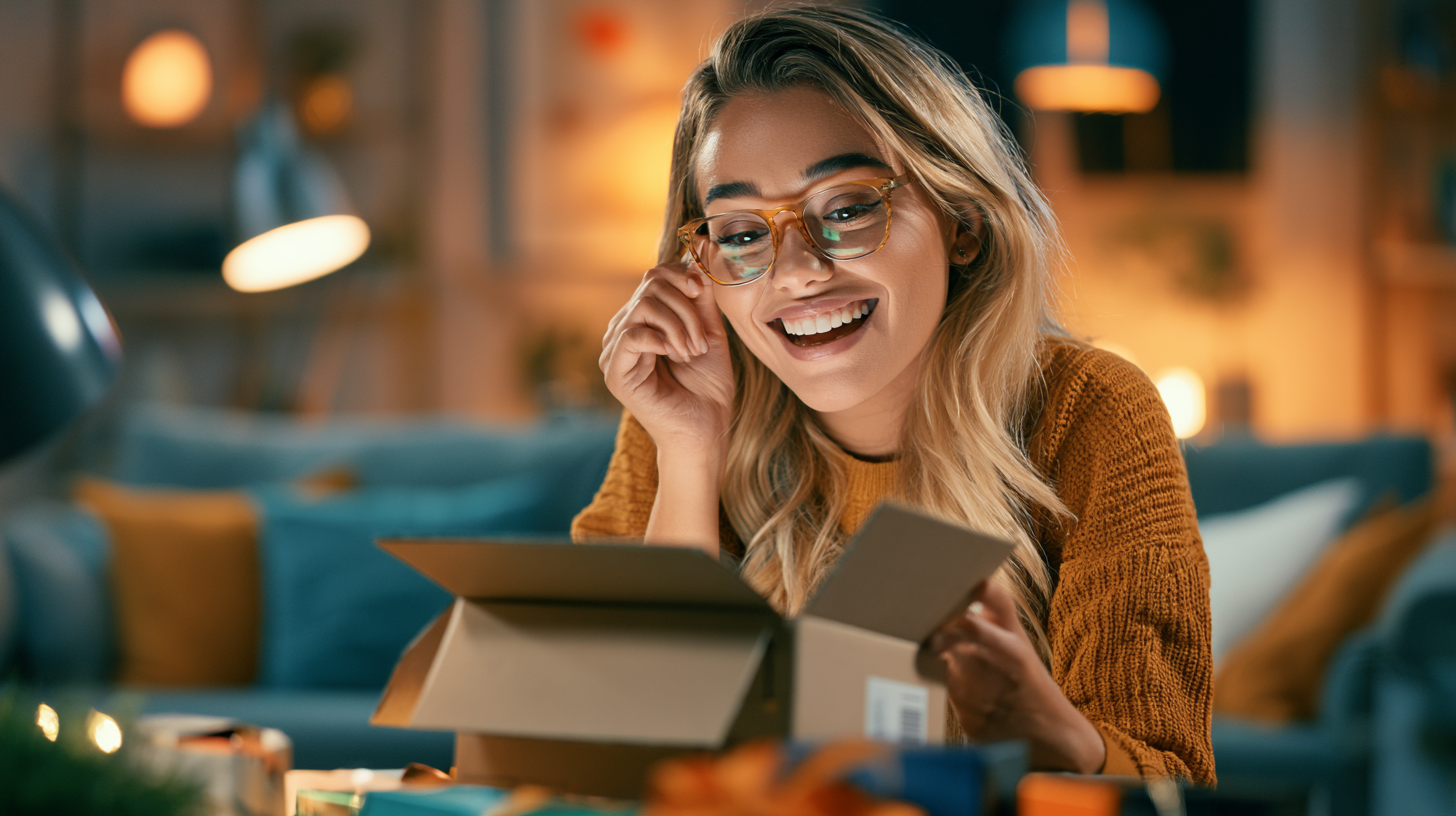 Smiling woman in glasses opening a box on a couch in a cozy living room