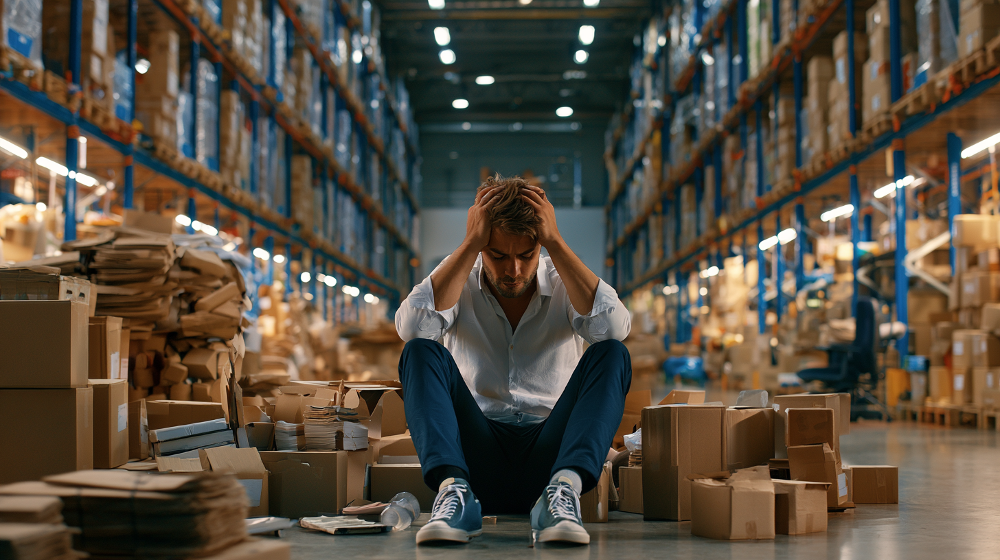 Warehouse worker sitting on the floor among boxes, holding his head in stress.