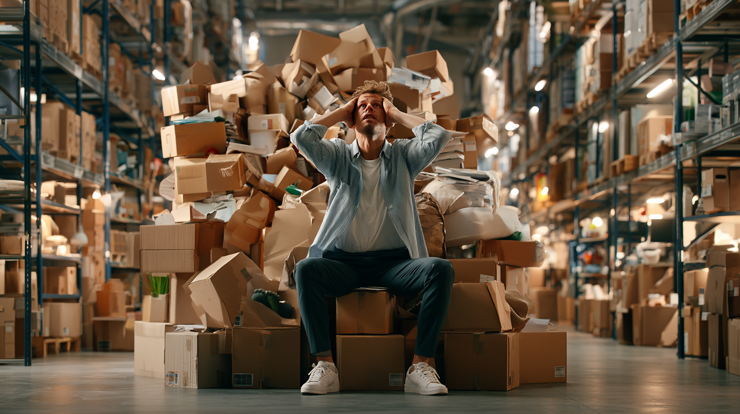 Person sitting amid stacked cardboard boxes in a warehouse, holding head in hands