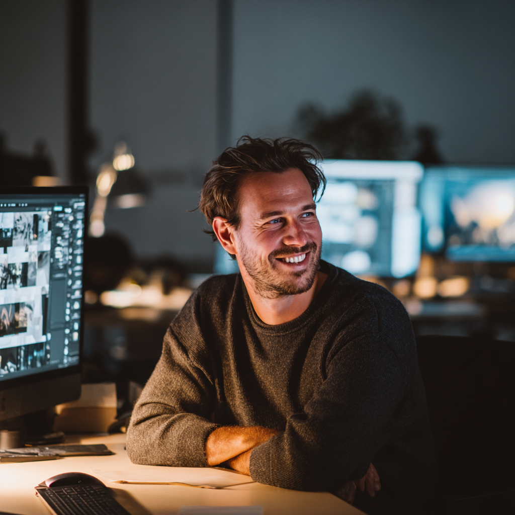 Man smiling at a desk with dual monitors in a dimly lit office